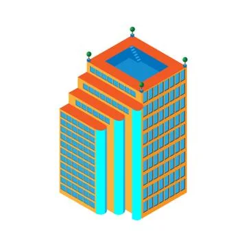 Flat 3d isometric skyscraper. business center with a pool on the roof and three Stock Illustration