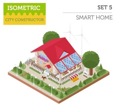 Flat 3d isometric smart home and city map constructor elements such as buil.. Stock Illustration
