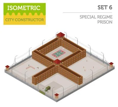Flat 3d isometric special regime prison, jail for city map constructor isol.. Stock Illustration