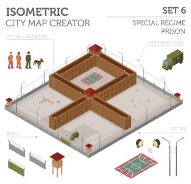 Flat 3d isometric special regime prison, jail for city map constructor isol.. Illustrazione stock