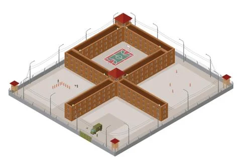 Flat 3d isometric special regime prison, jail for city map constructor isol.. Ilustración de archivo
