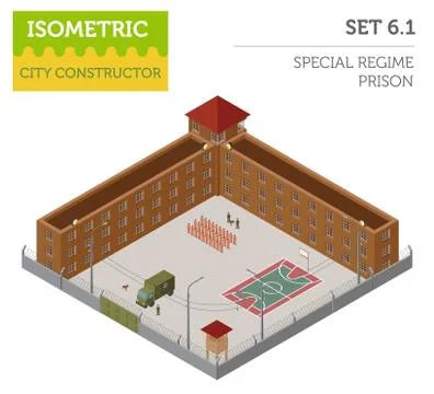 Flat 3d isometric special regime prison, jail for city map constructor isol.. Stock Illustration