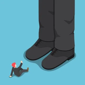 Flat 3d isometric tiny businessman in front of giant leg. Stock Illustration
