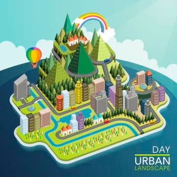 Flat 3d isometric urban landscape illustration Stock Illustration