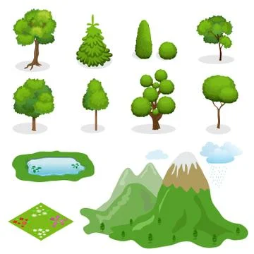 Flat 3d Isometric vector trees elements for landscape design. Di Stock Illustration