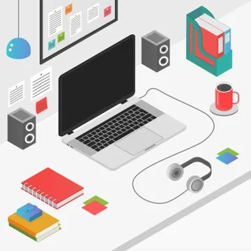 Flat 3d isometric workspace concept with laptop vector illustration. Stock Illustration