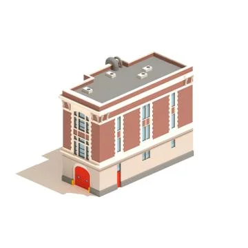 Flat 3d model isometric fire station isolated on white background Stock Illustration