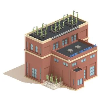 Flat 3d model isometric red brick power station industry illustration isolated Illustrazione stock