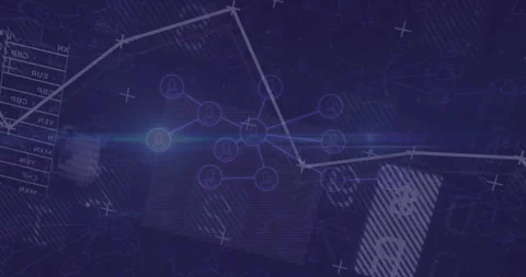 Flat 3D network being animated on dark blue, with glowing user icons, line chart Stock Footage 308676071