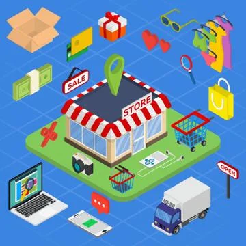 Flat 3d web isometric e-commerce, electronic business, online shopping, payment Stock Illustration