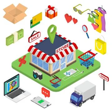 Flat 3d web isometric e-commerce, electronic business, online shopping, payment Illustrazione stock