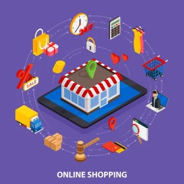 Flat 3d web isometric e-commerce, electronic business, online shopping, payme Illustrazione stock
