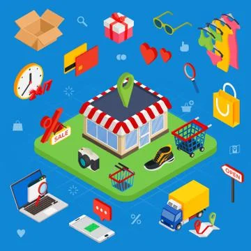 Flat 3d web isometric e-commerce infographic concept vector Stock Illustration