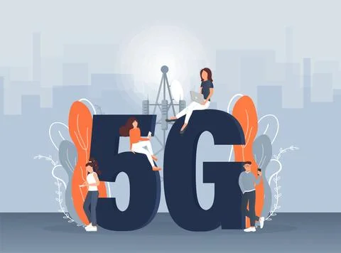 Flat 5g people on light background. Digital communication. Internet technology. Illustration