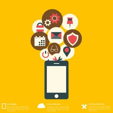 Flat abstract background with web icons. Interface symbols. Cloud computing 스톡 일러스트