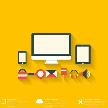 Flat abstract background with web icons. Interface symbols. Cloud computing 스톡 일러스트