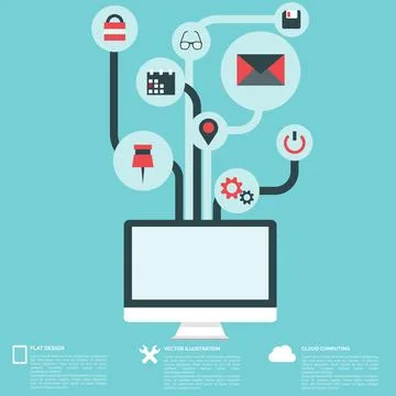 Flat abstract background with web icons. Interface symbols. Cloud computing Stock Illustration