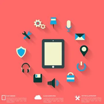 Flat abstract background with web icons. Interface symbols. Cloud computing Stock Illustration