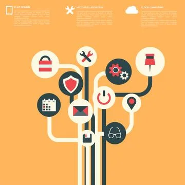 Flat abstract background with web icons. Interface symbols. Cloud computing Stock Illustration