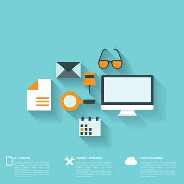 Flat abstract background with web icons. Interface symbols. Cloud computing 스톡 일러스트