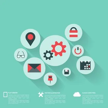 Flat abstract background with web icons. Interface symbols. Cloud computing Illustrazione stock