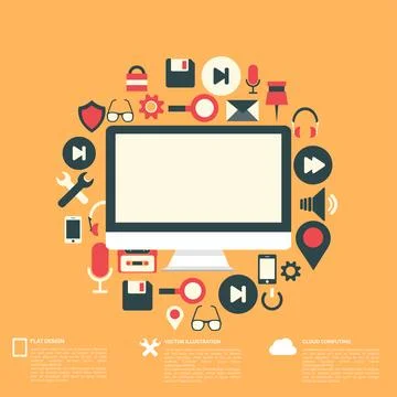 Flat abstract background with web icons. Interface symbols. Cloud computing 스톡 일러스트