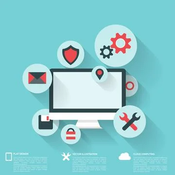 Flat abstract background with web icons. Interface symbols. Cloud computing Stock Illustration