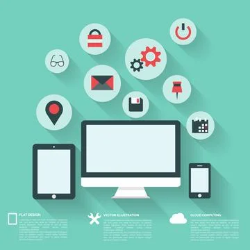 Flat abstract background with web icons. Interface symbols. Cloud computing Stock Illustration