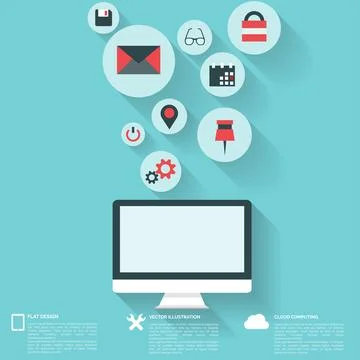 Flat abstract background with web icons. Interface symbols. Cloud computing Stock Illustration