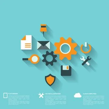 Flat abstract background with web icons. Interface symbols. Cloud computing 스톡 일러스트