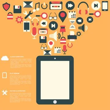 Flat abstract background with web icons. Interface symbols. Cloud computing Stock Illustration