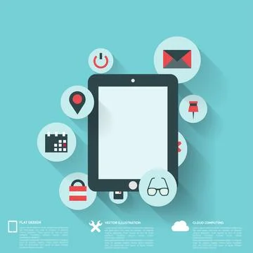 Flat abstract background with web icons. Interface symbols. Cloud computing Illustrazione stock