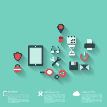 Flat abstract background with web icons. Interface symbols. Cloud computing 스톡 일러스트