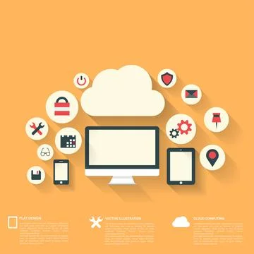 Flat abstract background with web icons. Interface symbols. Cloud computing Stock Illustration
