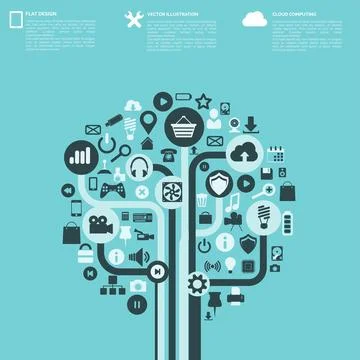 Flat abstract background with web icons. Interface symbols. Cloud computing Stock Illustration