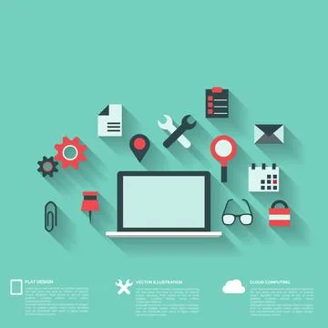 Flat abstract background with web icons. Interface symbols. Cloud computing Illustrazione stock