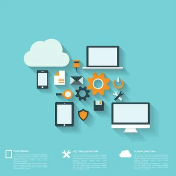 Flat abstract background with web icons. Interface symbols. Cloud computing 스톡 일러스트