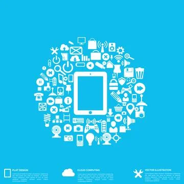 Flat abstract background with web icons. Interface symbols. Cloud computing 스톡 일러스트