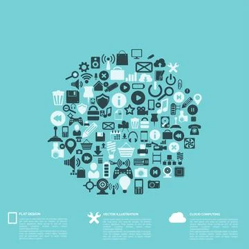 Flat abstract background with web icons. Interface symbols. Cloud computing 스톡 일러스트
