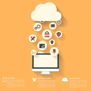 Flat abstract background with web icons. Interface symbols. Cloud computing Illustrazione stock