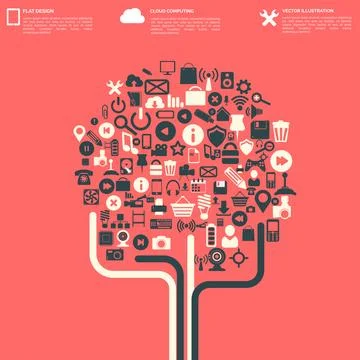 Flat abstract background with web icons. Interface symbols. Cloud computing Stock Illustration