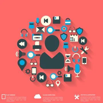 Flat abstract background with web icons. Interface symbols. Cloud computing 스톡 일러스트