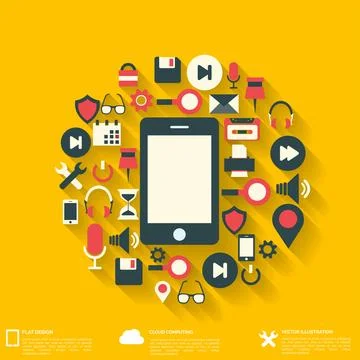 Flat abstract background with web icons. Interface symbols. Cloud computing Stock Illustration