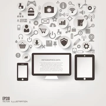 Flat abstract background with web icons. Interface symbols. Cloud computing Stock Illustration