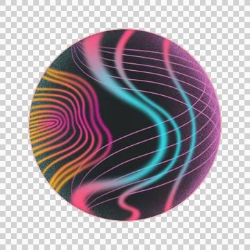 Flat abstract circular design is glowing with neon waves and grid patterns, Illustrazione stock