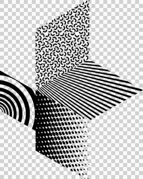 Flat abstract cube is showing halftone curls, stripes, dots and arcs on Stock Illustration