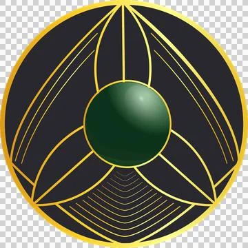 Flat abstract emblem is featuring gold ring with green orb, line pattern on Stock Illustration