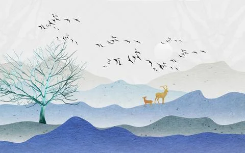 Flat abstract hilly landscape with dried tree, a pair of deer Stock Illustration