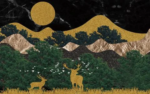 Flat abstract landscape with dark marble sky, golden hills, deer and full moon Stock Illustration