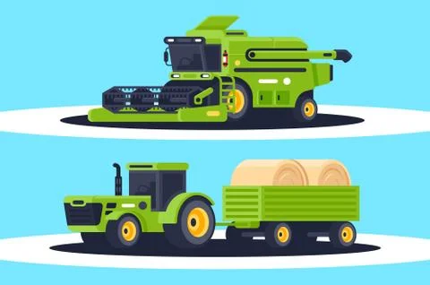 Flat agricultural machinery with stack of hay for harvesting, crop delivery. Stock Illustration